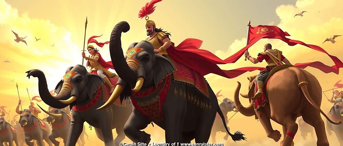 Cumin Rise Legendary battle scene featuring Indian warriors on elephants fighting against invaders